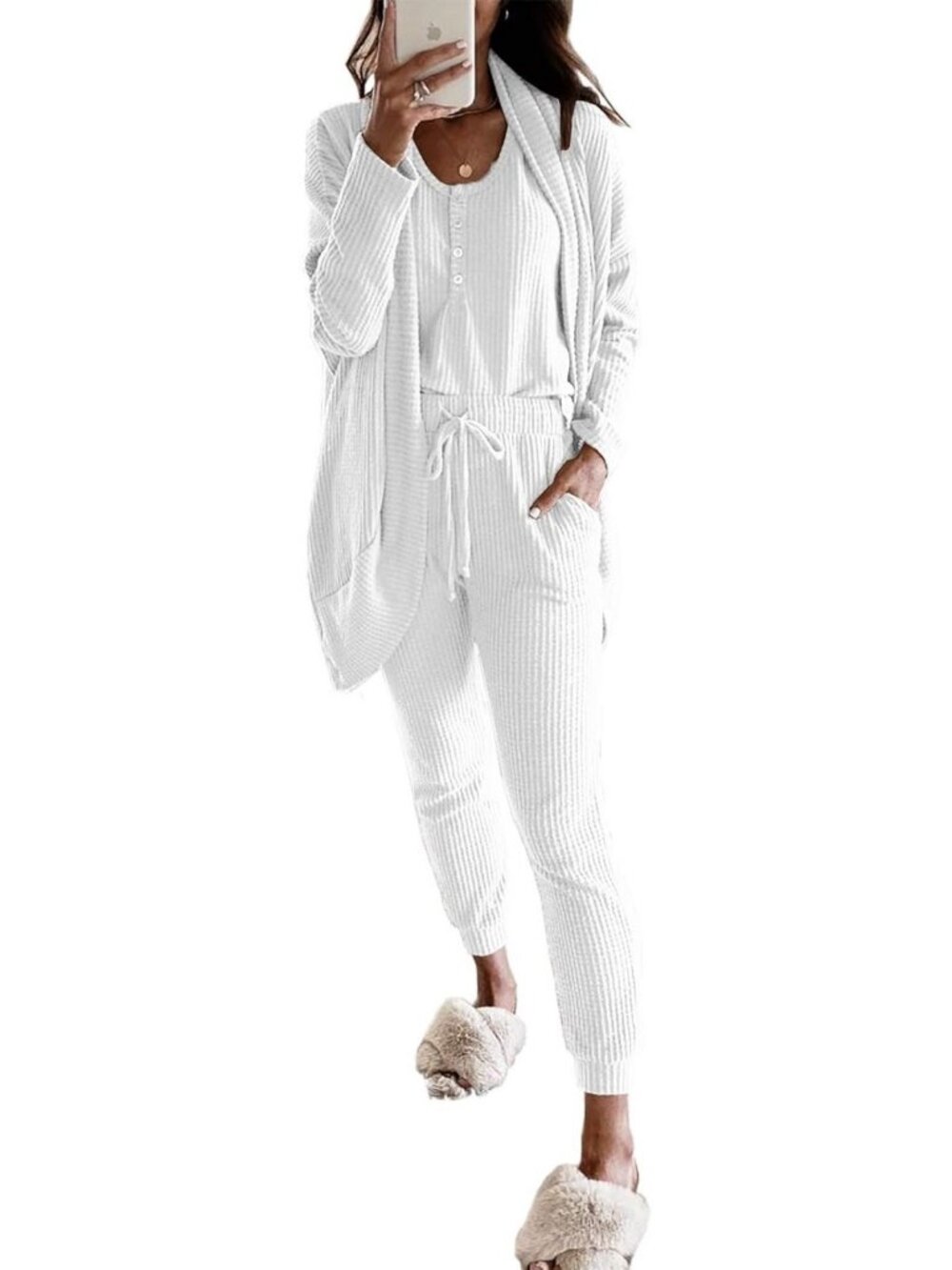 Cozy Women's 3-Piece Waffle Knit Lounge Set - Pajama Tank, Cardigan & Pants
